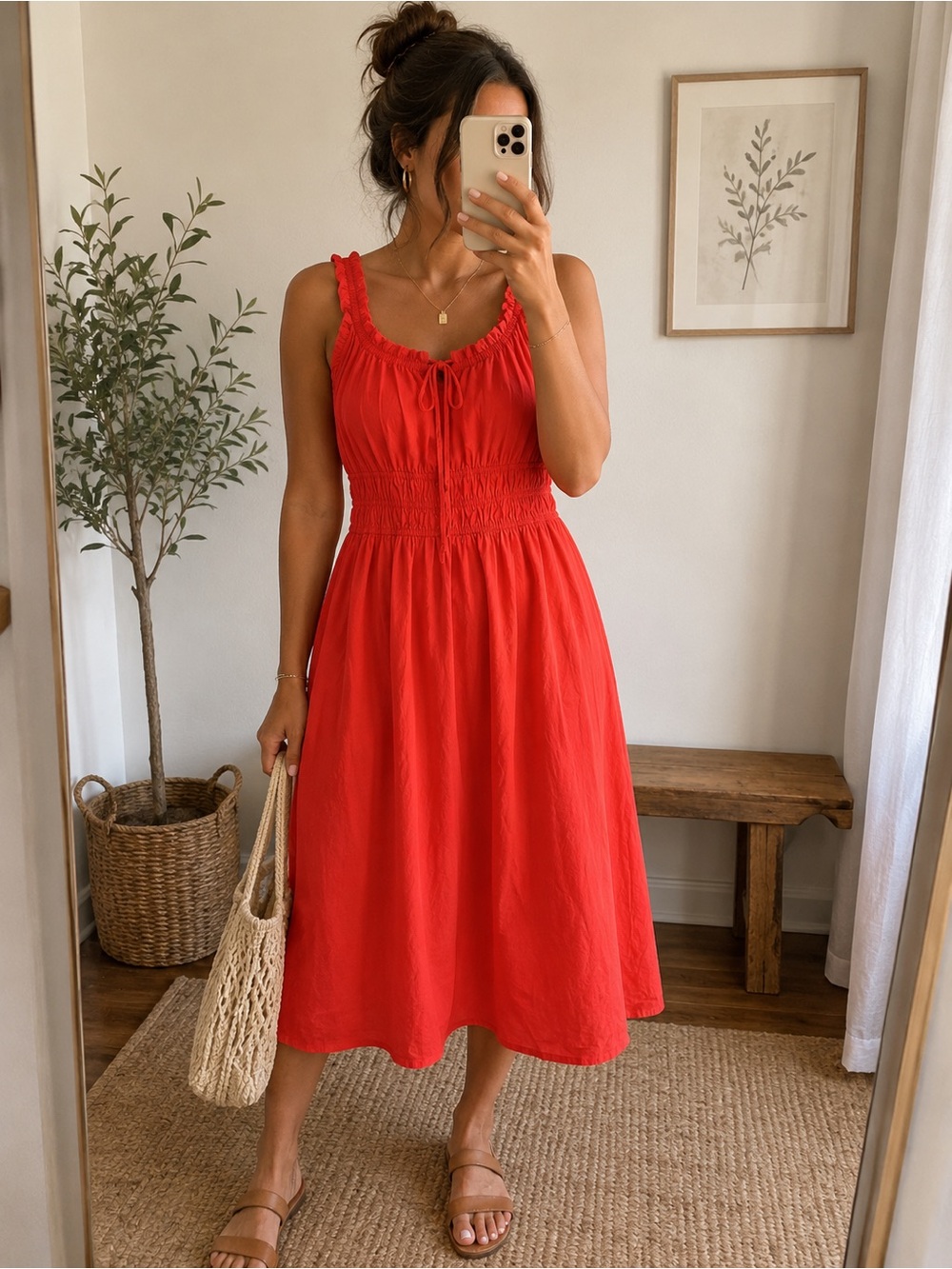 LC Lauren Conrad Red Smocked Waist Midi Dress